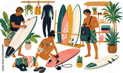 Bild auf Leinwand Surfboard, surfing equipment, beach gear, vector illustration, colorful, summer