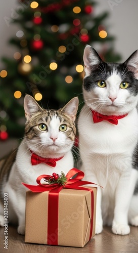 Two Festive Cats with Bowties and Christmas Gift.