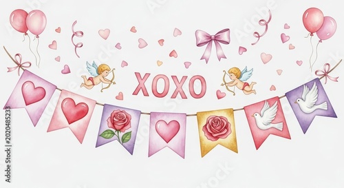Valentines Day Decorations with Hearts, Angels, and Balloons.