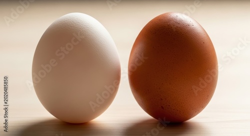 Two Fresh Eggs - Brown and White, Side by Side.
