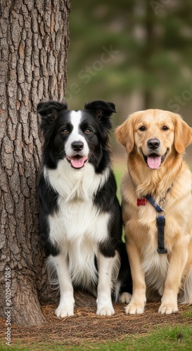 Two Friendly Dogs Posing Together Beside a Tree.