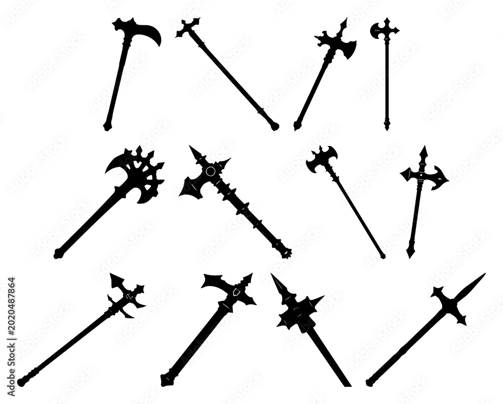 Фотография Medieval mace set with solid black silhouette on white background featuring high