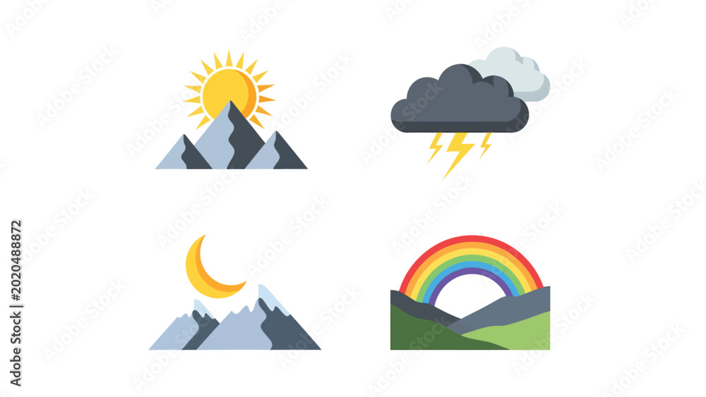 Fototapeta premium Weather and Nature Icons: Sun, Clouds, Moon, Rainbow over Mountains.