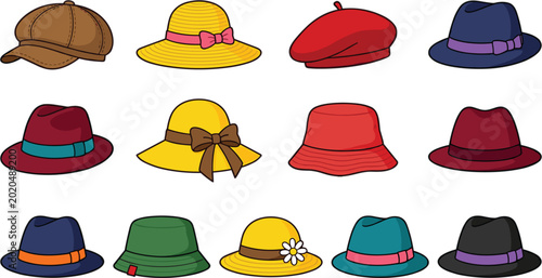 Фотография Colorful Fashion Hat Collection Cartoon Vector Set Featuring Fedora Beret Bucket