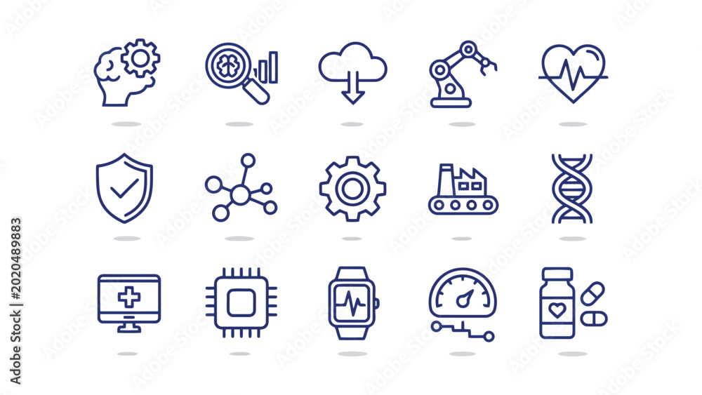 Fototapeta premium Medical and biotechnology line icon collection showcasing health analytics automation laboratory equipment and DNA structures for healthcare technology and diagnostic web interfaces