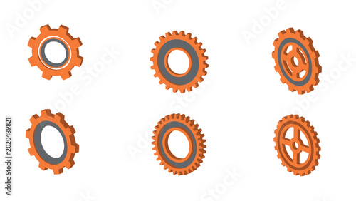 Set of six orange isometric gear icons isolated on a white background, representing machinery and engineering concepts.