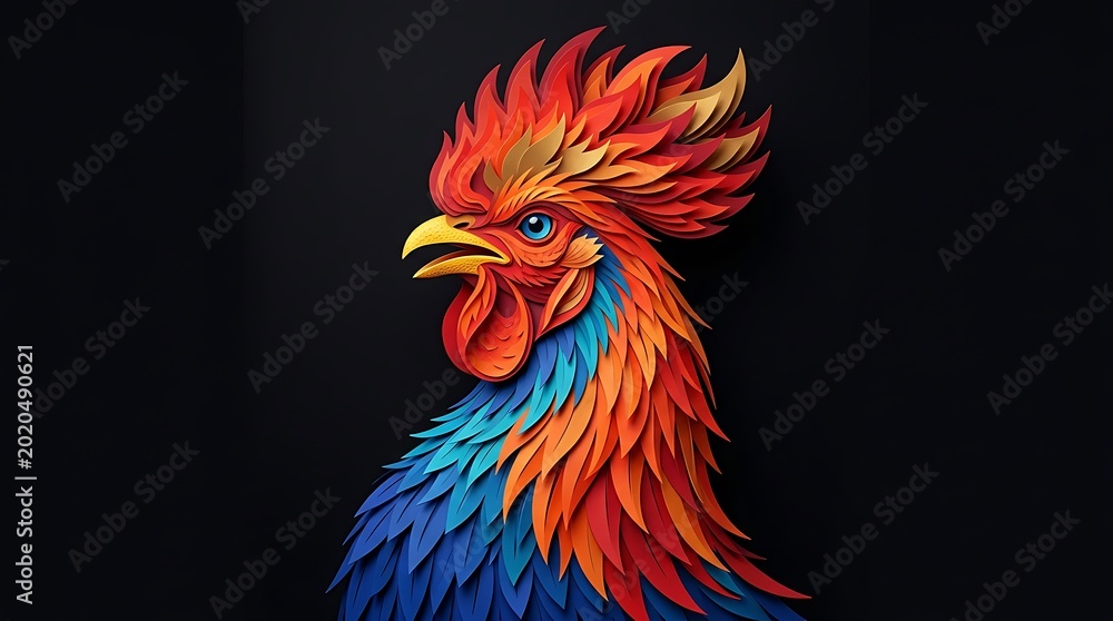 Fototapeta premium Vibrant Colorful Rooster Head Portrait Fantasy Digital Art