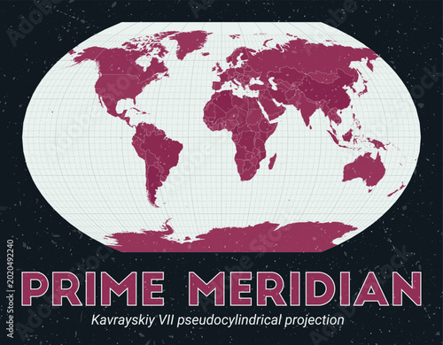 Prime Meridian. World map. Kavrayskiy VII pseudocylindrical projection centered to Prime Meridian. Pale Mint Dark Pink palette. Vintage texture. Neat vector illustration.