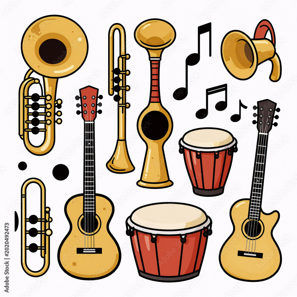 Fototapeta premium Flat Design Piano Art. Illustration Of Music Instruments In A Whimsical, Doodle-Style Format
