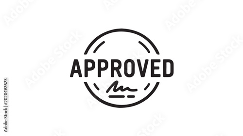 Approved stamp icon with signature for document validation, flat vector design