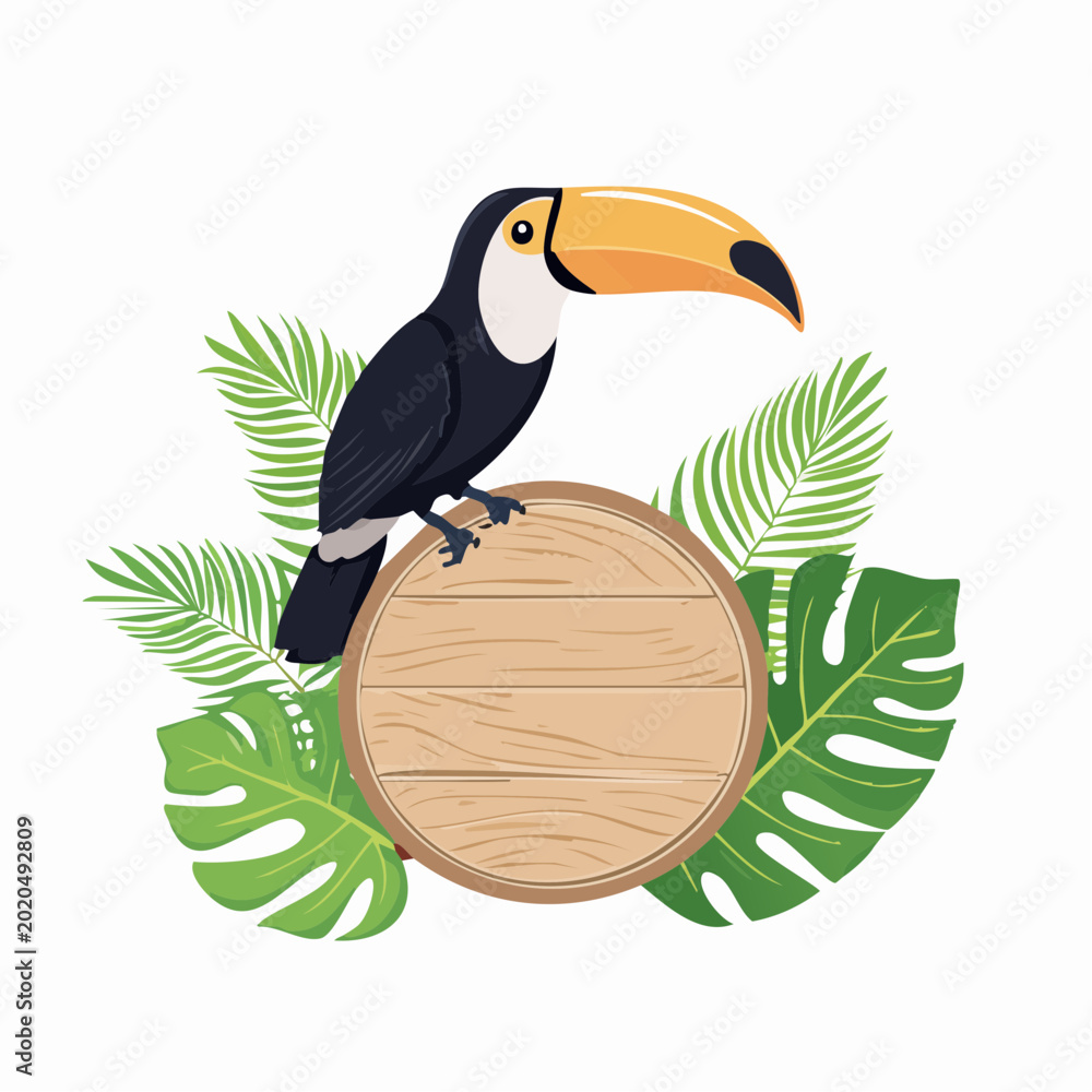 Fototapeta premium Toucan perched on a wooden sign surrounded by tropical leaves