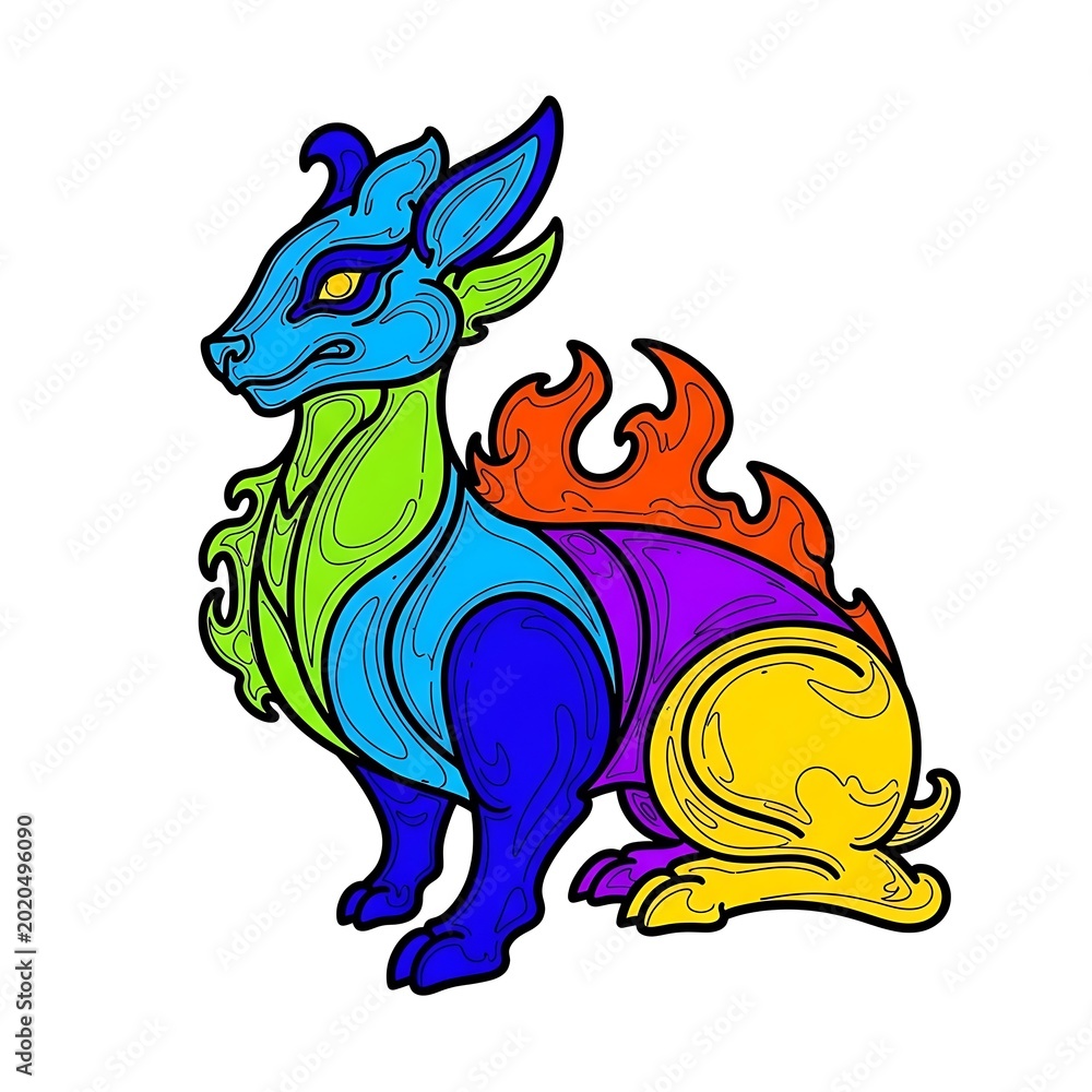 Fototapeta premium A stylized mythical creature with rabbit-like features, depicted in a mosaic of vibrant colors on a white background, resembling flames