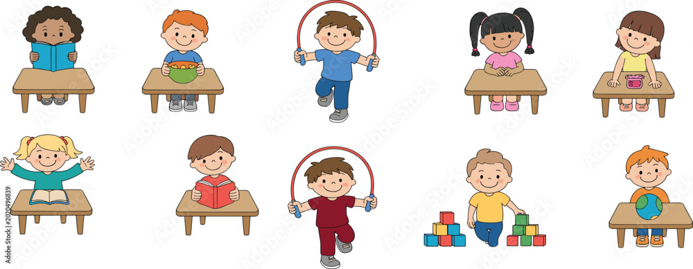 Fototapeta premium Cute children activities set with kids reading playing eating studying and learning in classroom and home,
