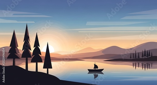A tranquil landscape shows a lake reflecting the sunset. Mountains, trees, and a lone sailboat create a serene scene. The sky's colors blend peacefully
