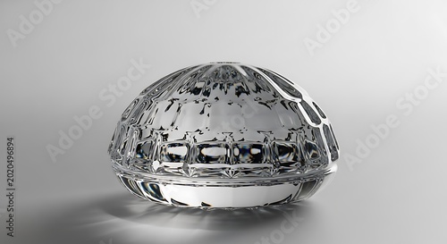 A translucent, faceted, dome-shaped object, possibly a decorative item, rests on a smooth surface. It has a complex, geometric design