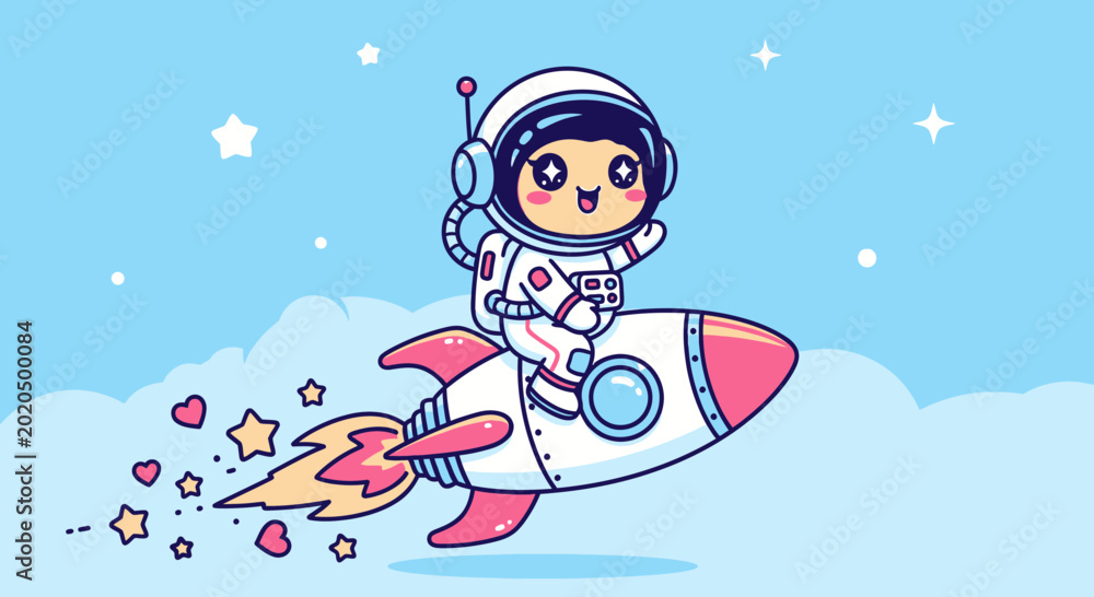 Naklejka premium Astronaut in spacesuit riding rocket against a blue sky with stars