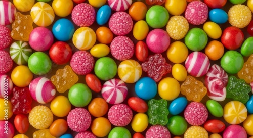 Close-up macro shot of colorful assorted hard candies, gummy bears, and sugary sweets arranged in a seamless vibrant geometric pattern, repeat, feast, hard candy