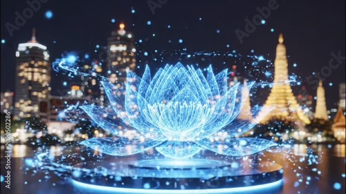 Glowing Blue Lotus Flower Hologram Floating Above A Vibrant Night City Landscape
