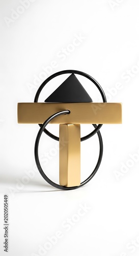 Abstract, geometric shapes are composed of gold and black, arranged against a white backdrop, creating a 3D effect
