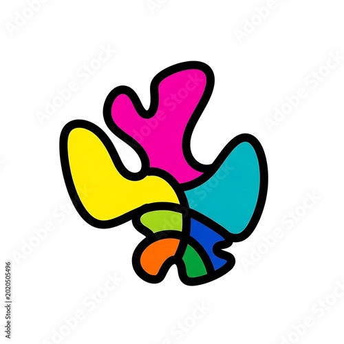 Abstract, multi-colored, organic shape with black outlines, resembling a stylized form on a clean, white background