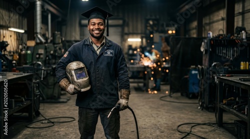 Young african male welder in graduation cap smiling in industrial workshop setting