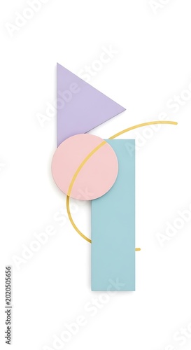 Abstract pastel composition featuring geometric shapes triangle, oval, rectangle, and wire on white background