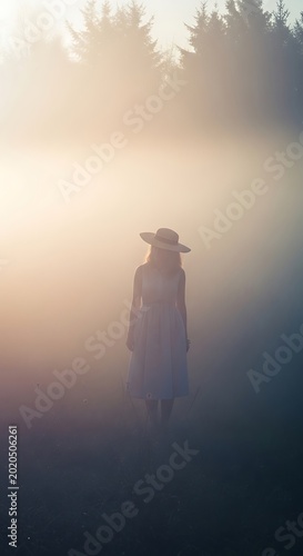 A woman in a summer dress and hat stands in a foggy meadow near a forest, bathed in soft, golden sunlight. The scene is serene