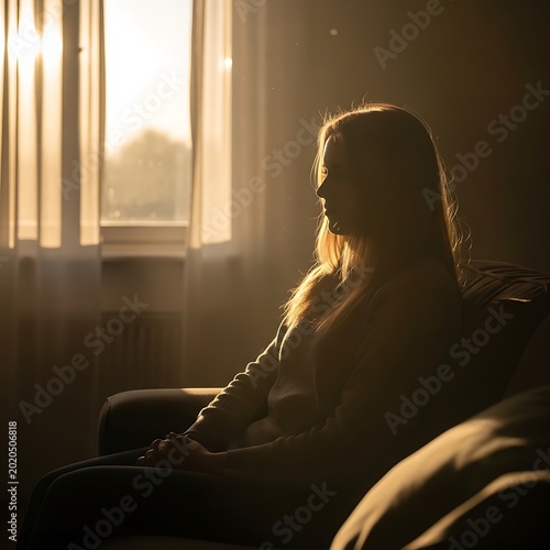A woman in silhouette sits on a couch, bathed in the warm glow of sunlight filtering through a nearby window. The atmosphere is contemplative