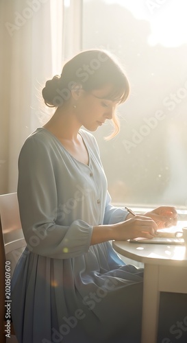 A woman pensively writing at a small table near a window. Golden light bathes the scene, highlighting her form. Serene moment captured indoors