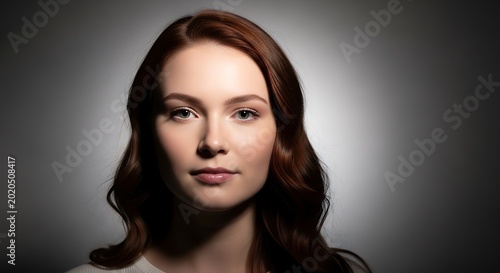 A woman with auburn hair and fair skin stares directly at the viewer. Her face is softly lit against a blurred gray background