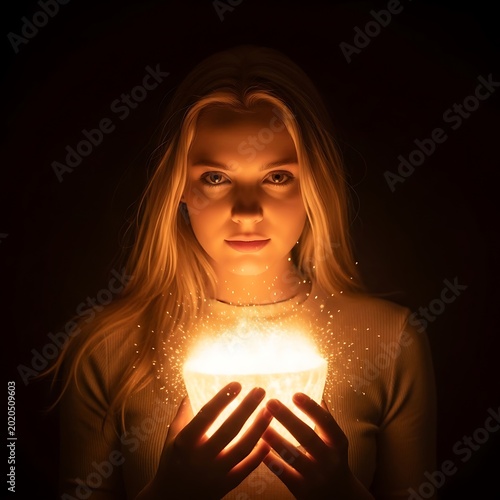 A woman with long blond hair illuminated by the light from a glowing, translucent bowl held in her hands against a dark background