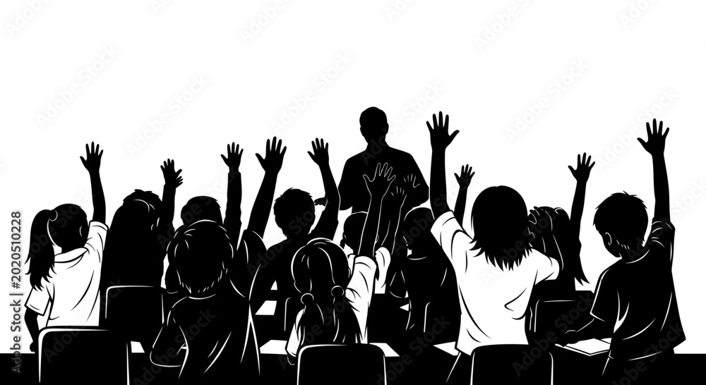 Εκτύπωση καμβά Children raising hands in classroom, eager to answer question, teacher silhouett