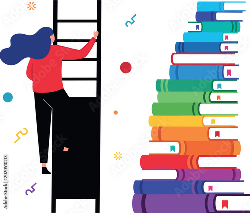 Woman Climbing Ladder Toward Colorful Stack of Rainbow Books in Flat Style Vector Illustration for Education, Knowledge, and Learning Concept Designs
