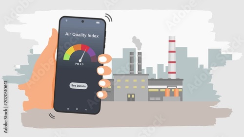 Hand holding smartphone to check air quality index with industrial factory pollution in the background. Unhealthy air quality index.