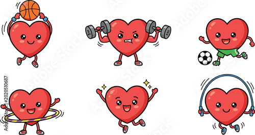Принти на полотні Cute Cartoon Heart Character Sports Set Featuring Basketball, Weightlifting with