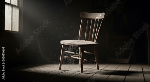 A wooden chair sits under the sunlight in an old, dusty, and dimly lit room. Cobwebs adorn the chair and surrounding space