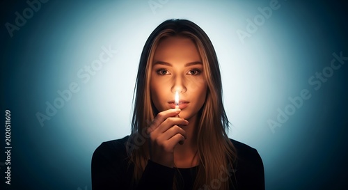 A young, fair-skinned woman holds a burning match close to her face, eyes intently focused on the flame. Blue gradient background