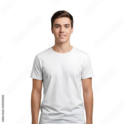 A young man with dark hair smiles at the camera, wearing a plain white t-shirt against a clean white backdrop