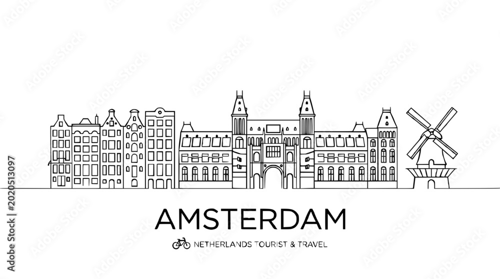 Obraz premium Amsterdam Skyline Line Art - Netherlands Capital City Landmark Illustration