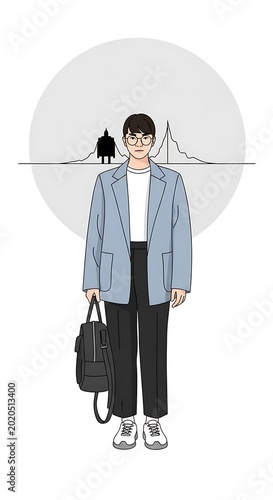 A young person wearing a light blue blazer, glasses, and a backpack, standing in front of a gray circle. A simple mountain outline appears