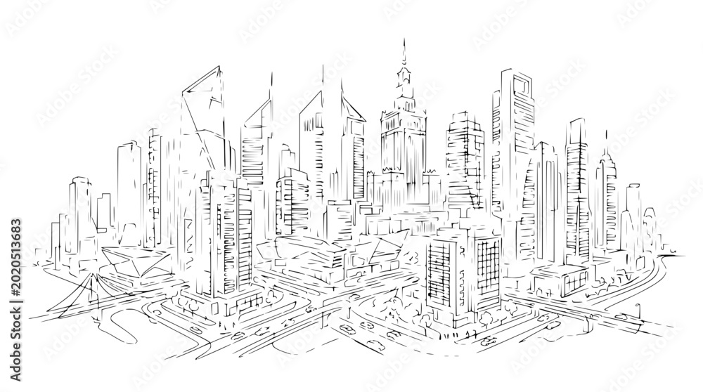 Fototapeta premium Hand-drawn sketch of a modern city skyline with skyscrapers and roads
