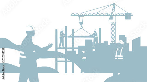 Construction site with workers, crane, and building progress