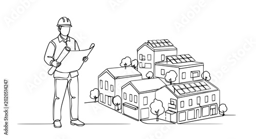 Architect with Blueprint Inspecting Houses with Solar Panels