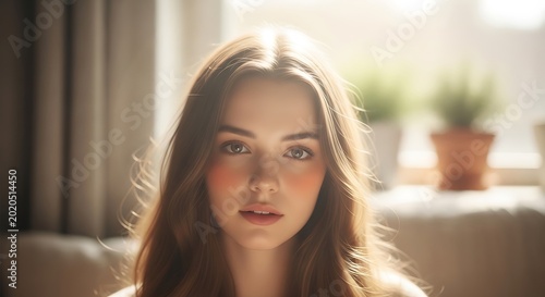 A young person with soft brown hair, gazing directly at the viewer. Soft light from a window illuminates their face and the room