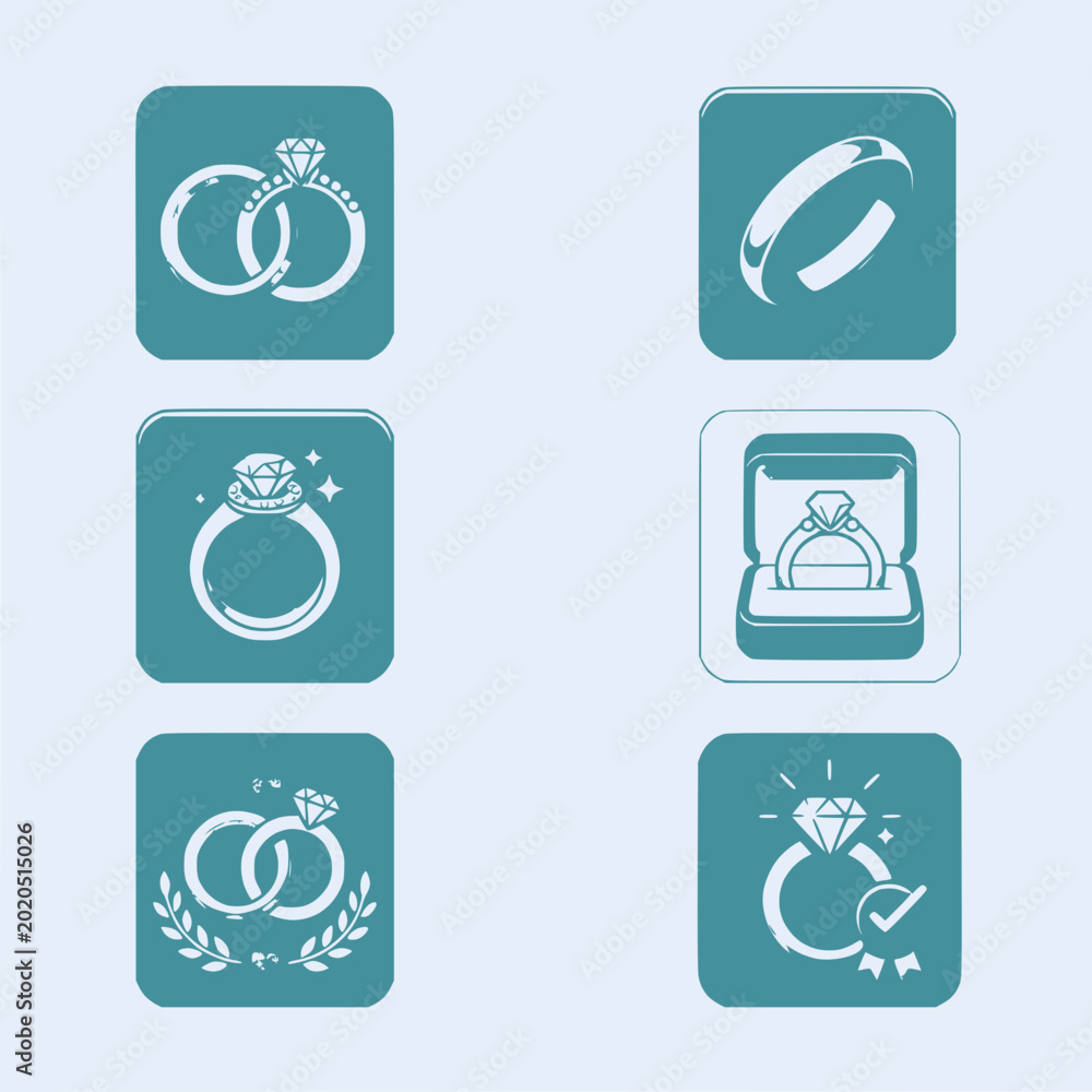 Fototapeta premium Wedding Ring Icons Set: Engagement, Marriage, Love, Proposal, Celebration