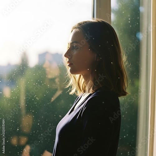 A young woman gazes pensively out a sunlit window, her profile in sharp focus, contemplating. A blurred reflection adds depth