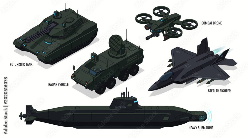 Αυτοκόλλητο Isometric Futuristic Military Vehicles and Stealth Fighter Jet Set