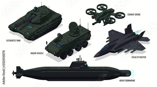 Bild auf Leinwand Isometric Futuristic Military Vehicles and Stealth Fighter Jet Set