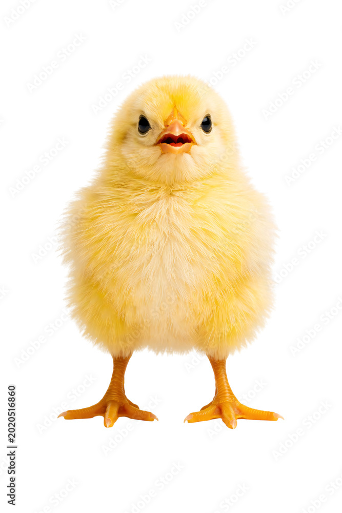 Fototapeta premium Fluffy yellow baby chick standing front facing with open beak on png isolated transparent