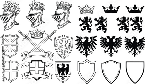 Cuadro en lienzo Medieval Heraldic Elements Illustration Set with Knights Helmets, Shields, Sword